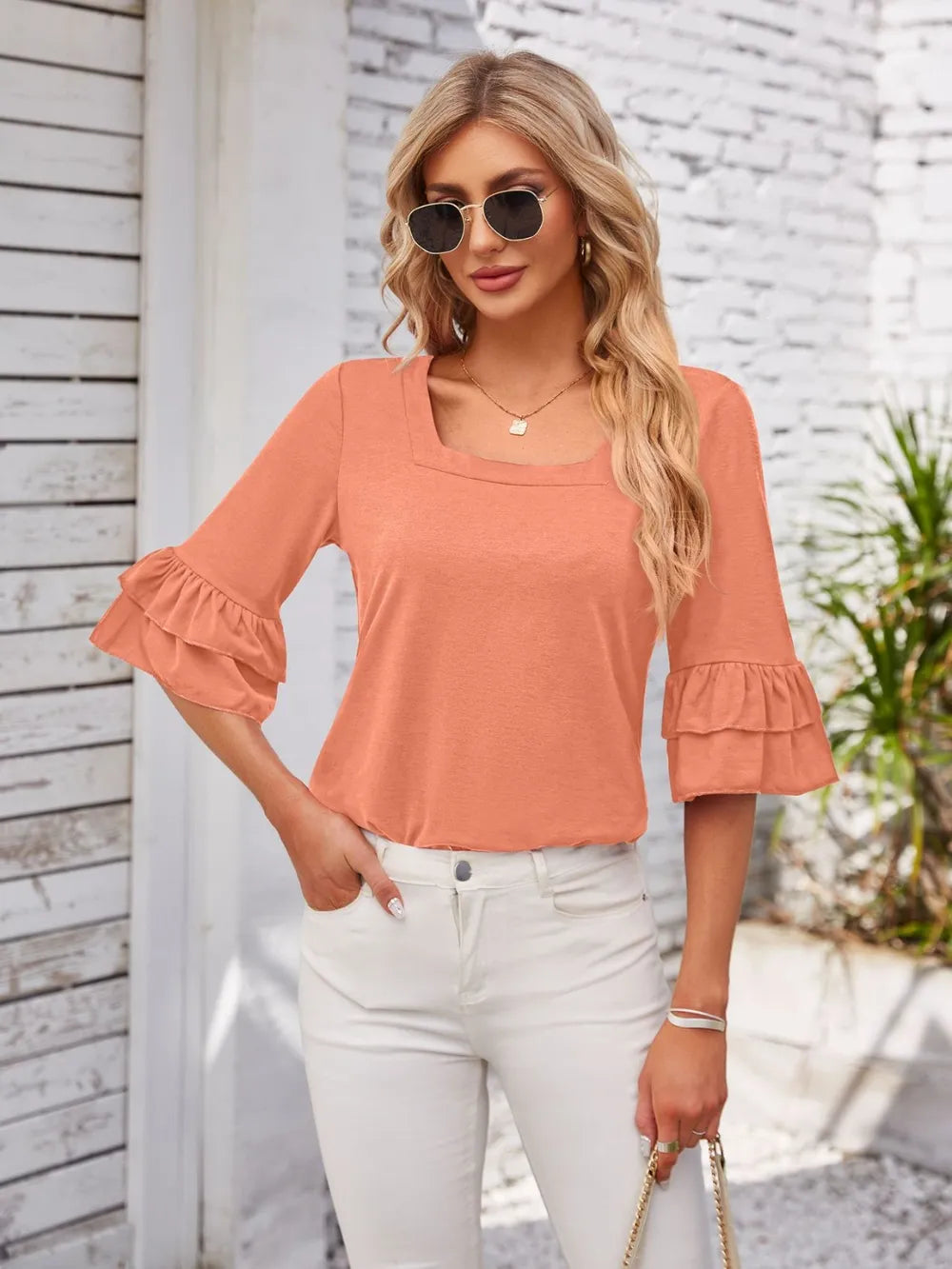 Ruffled Suqare Neck Half Sleeve Blouse - Korvel