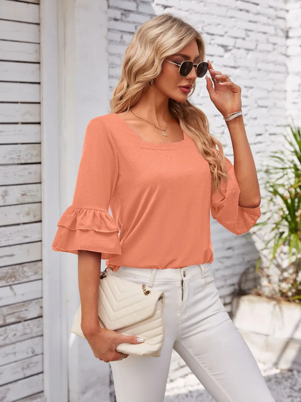 Ruffled Suqare Neck Half Sleeve Blouse - Korvel