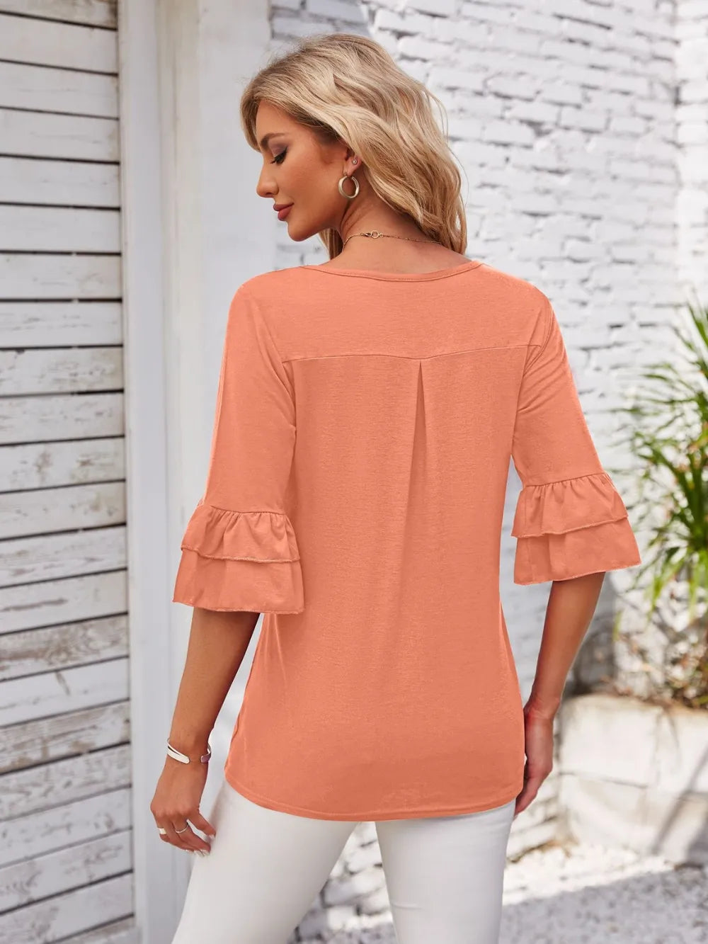 Ruffled Suqare Neck Half Sleeve Blouse - Korvel