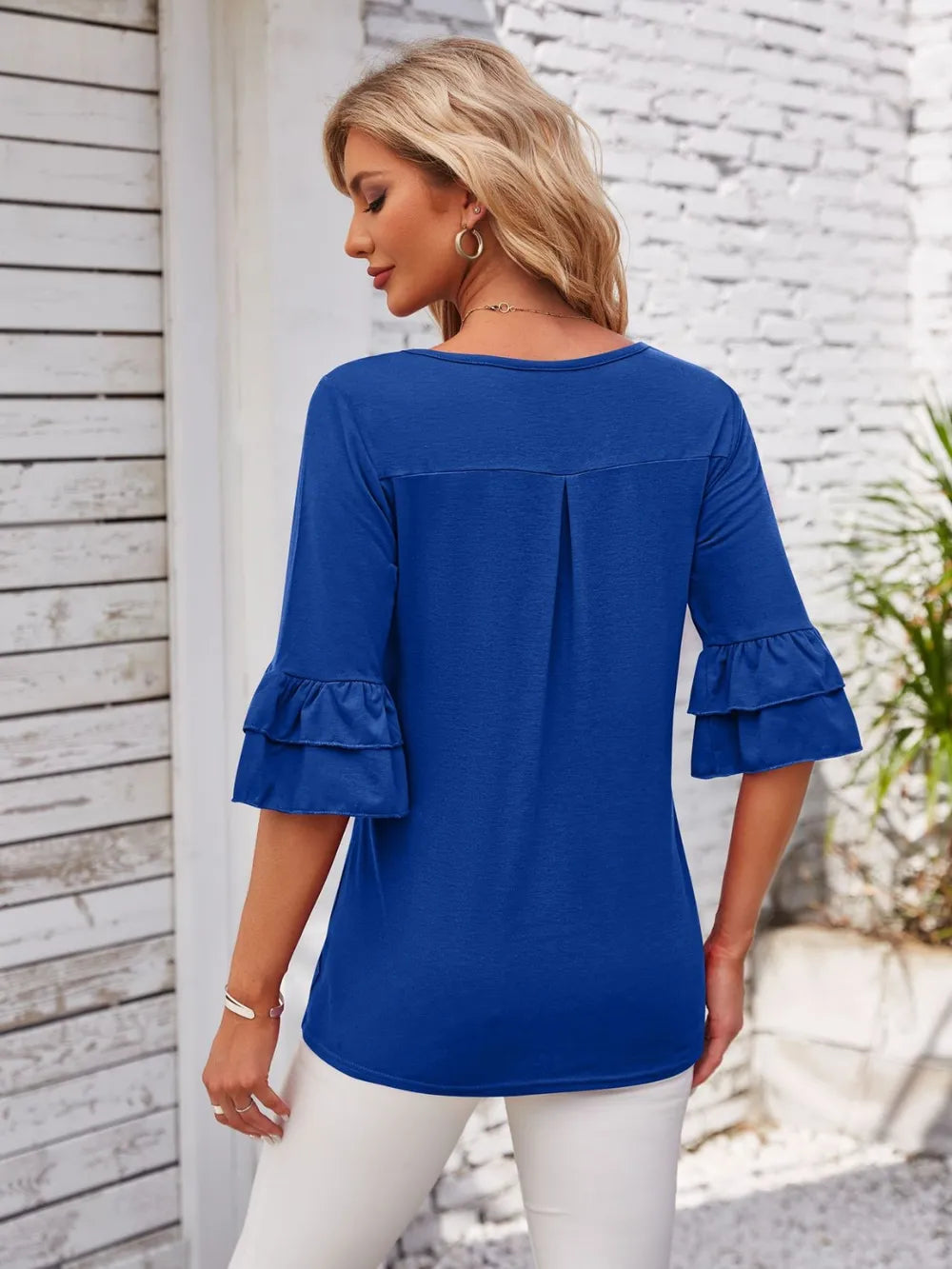 Ruffled Suqare Neck Half Sleeve Blouse - Korvel