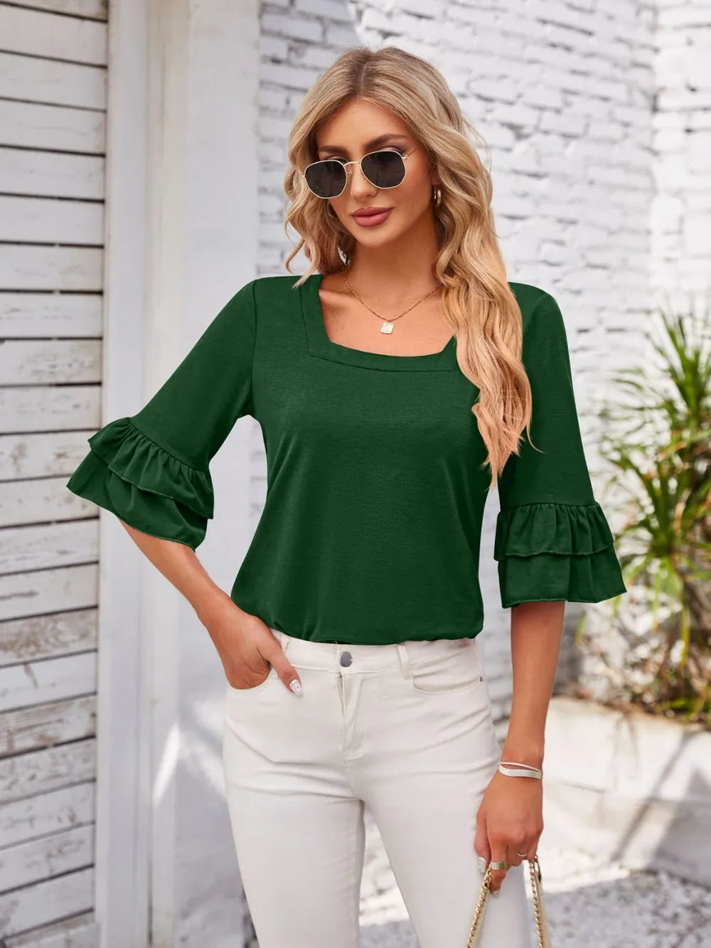 Ruffled Suqare Neck Half Sleeve Blouse - Korvel