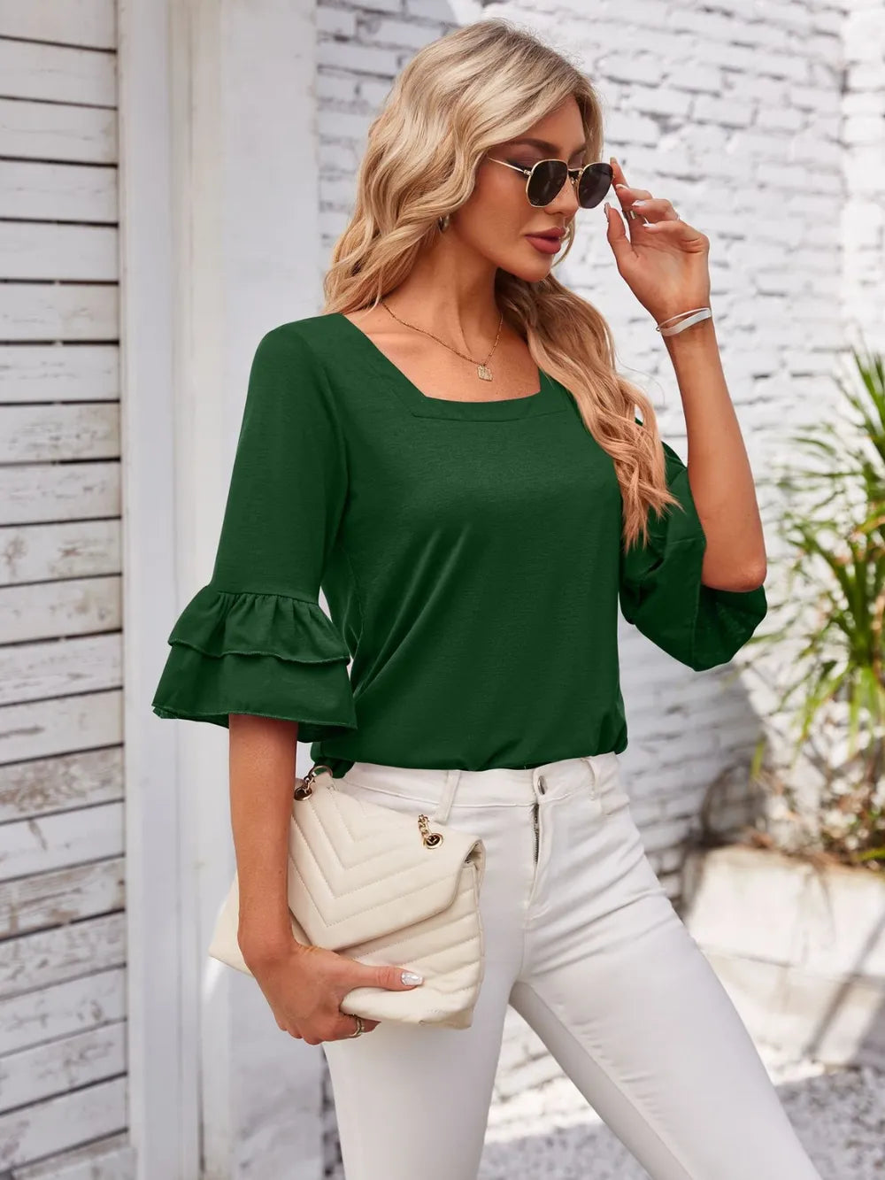 Ruffled Suqare Neck Half Sleeve Blouse - Korvel