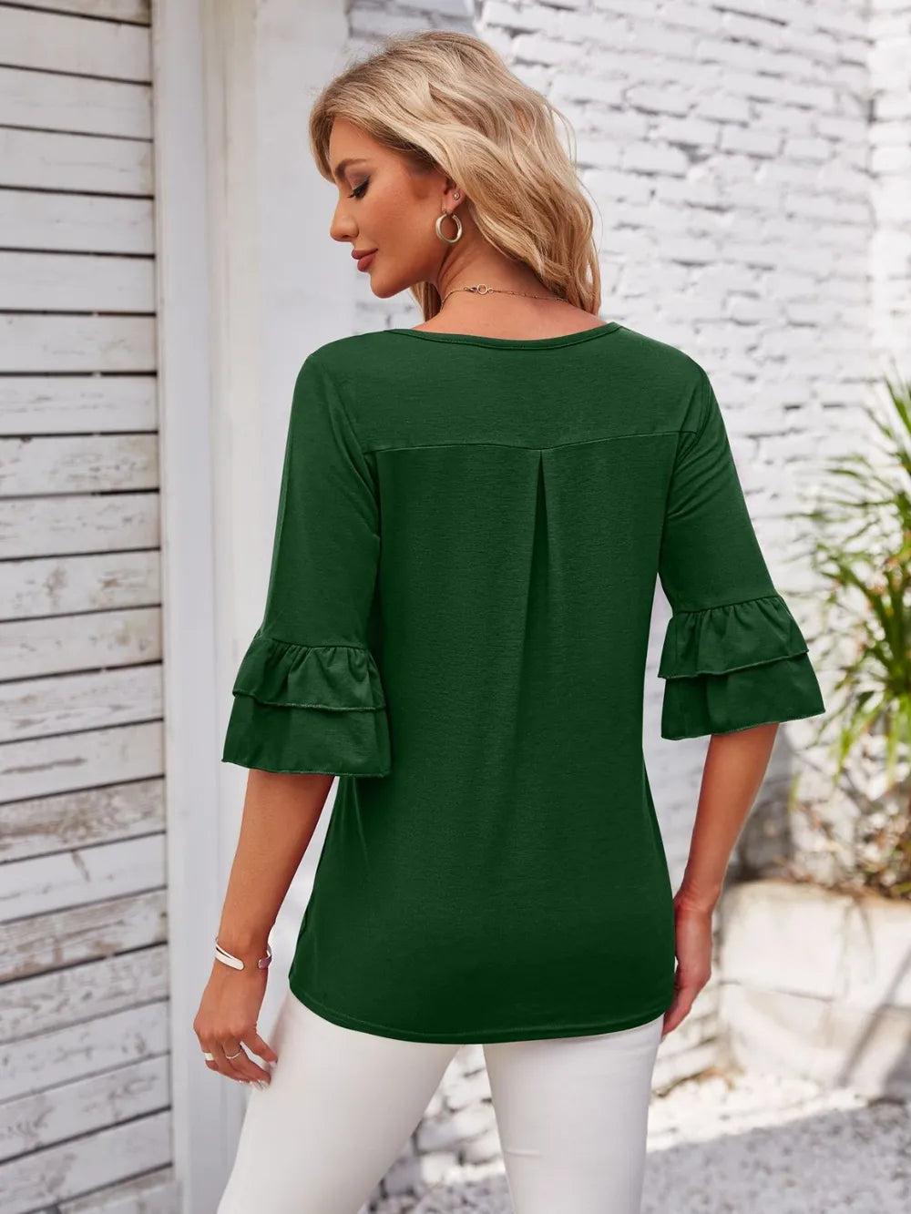 Ruffled Suqare Neck Half Sleeve Blouse - Korvel