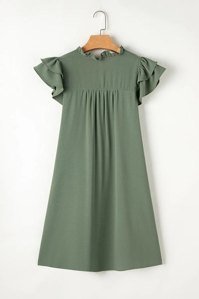 Ruffled V-Neck Cap Sleeve Mini Dress in Sage
