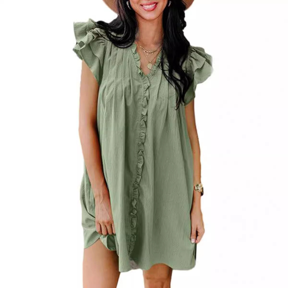Ruffled V-Neck Cap Sleeve Mini Dress in Sage