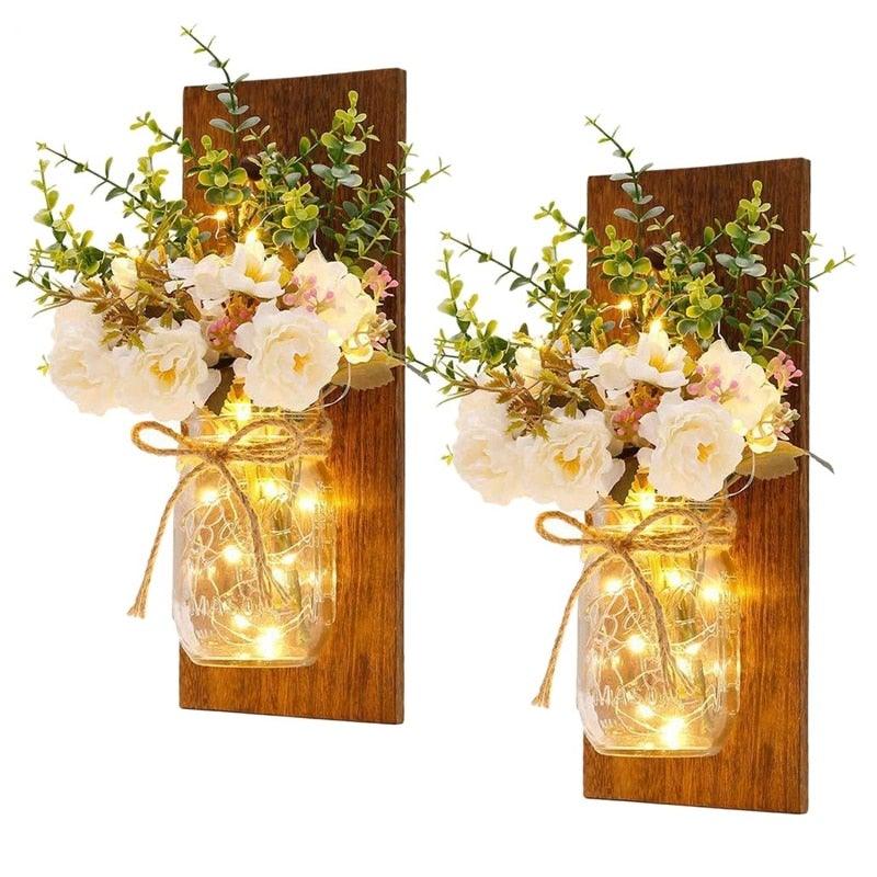 Apliques de Pared Rústicos con Luces de Hadas LED - Juego de Lámparas de Flores Hechas a Mano