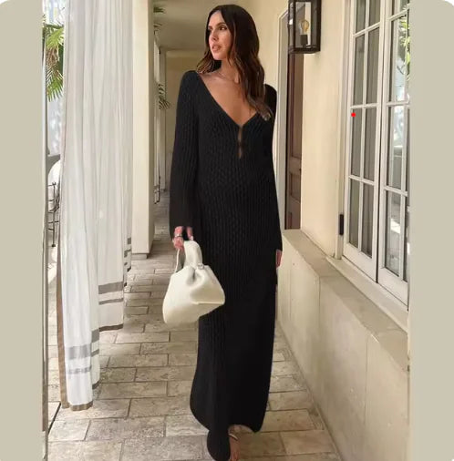 Robe de Plage Tricotée Élegante à Col V Transparent – Couverture à Manches Longues