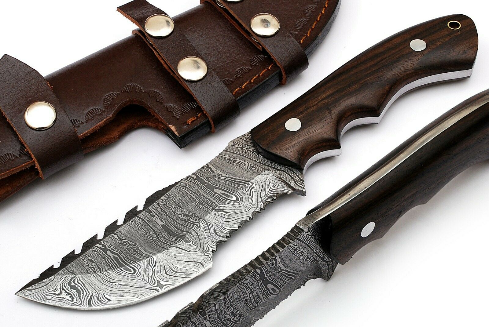 Premium Custom Damascus Steel Tom Brown Tracker Knife - 10" Rosewood Handle with Leather Sheath | Perfect for Survival & Tactical Use - Korvel