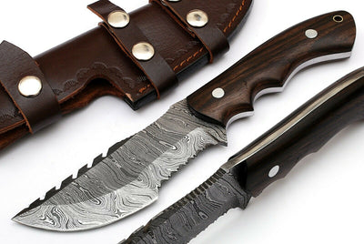 Premium Custom Damascus Steel Tom Brown Tracker Knife - 10" Rosewood Handle with Leather Sheath | Perfect for Survival & Tactical Use - Korvel