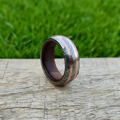 Eternal Bond Damascus Steel Vow Renewal Ring with Copper Accents and RoseWood Inlay by KBS Knives - Korvel