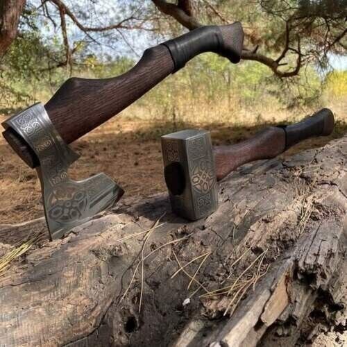 Warrior's Forge: Premium Tomahawk & Hammer Set with Custom Engraved 1095 Steel Blades - Korvel