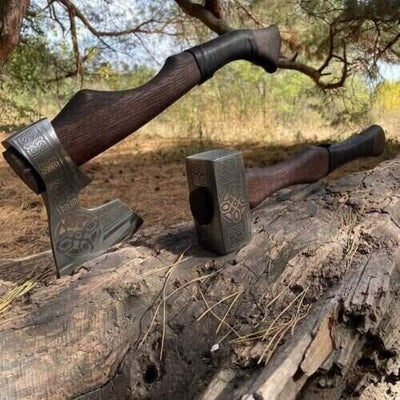 Warrior's Forge: Premium Tomahawk & Hammer Set with Custom Engraved 1095 Steel Blades - Korvel