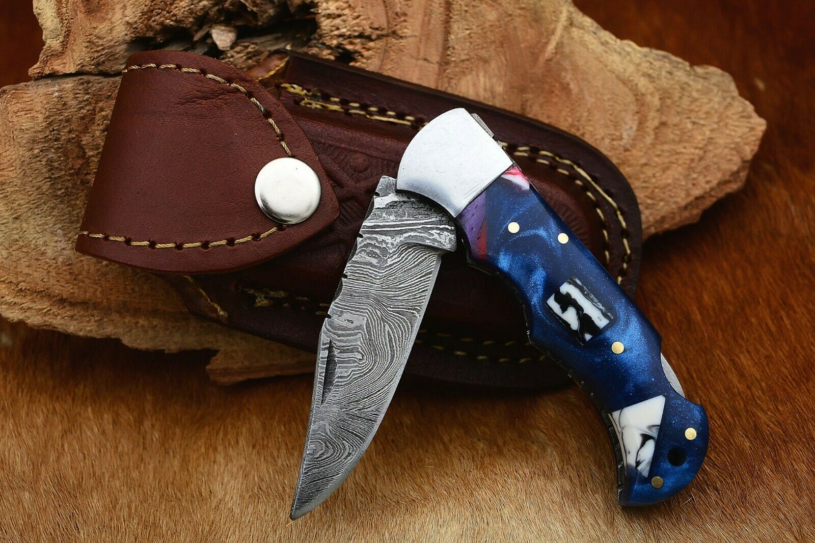 Custom Handmade Damascus Folding Pocket Knife with Stylish Epoxy Resin Handle - 3-Inch Blade - Korvel