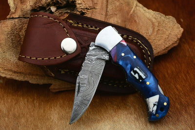 Custom Handmade Damascus Folding Pocket Knife with Stylish Epoxy Resin Handle - 3-Inch Blade - Korvel