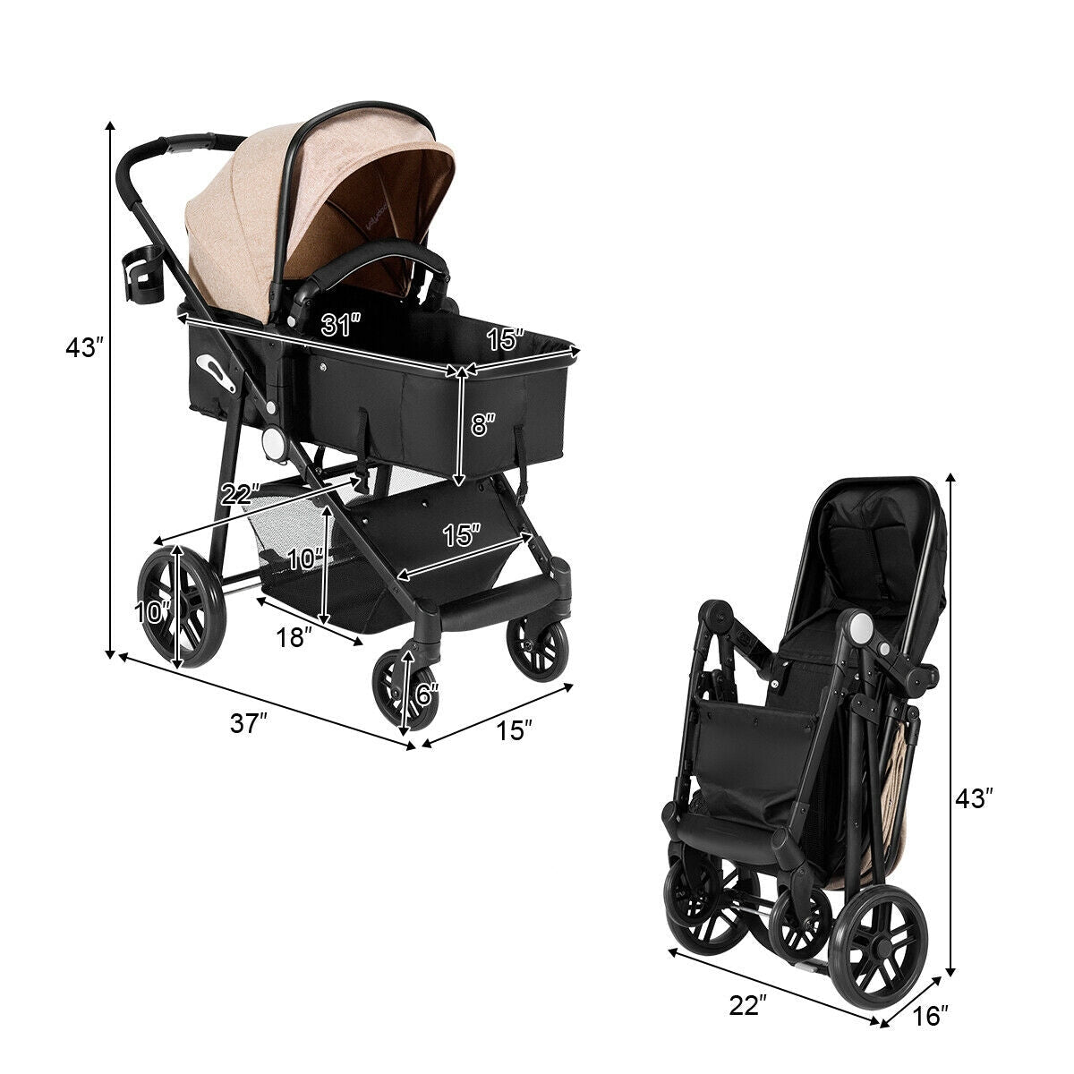 Gbruno 2-in-1 Foldable Baby Stroller - Coffee