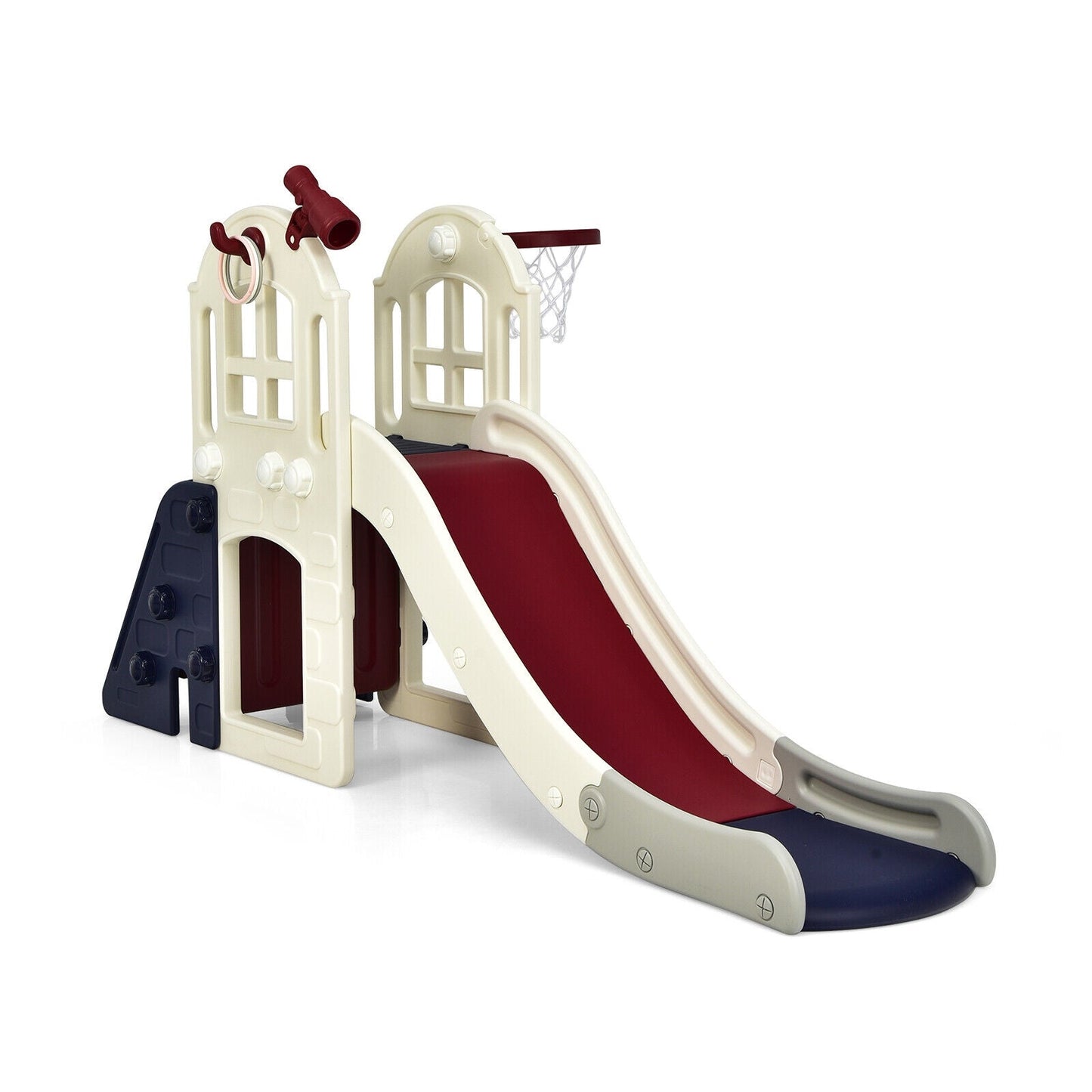Aire de jeux 6-en-1 avec toboggan pour enfants avec panier de basket - Bleu