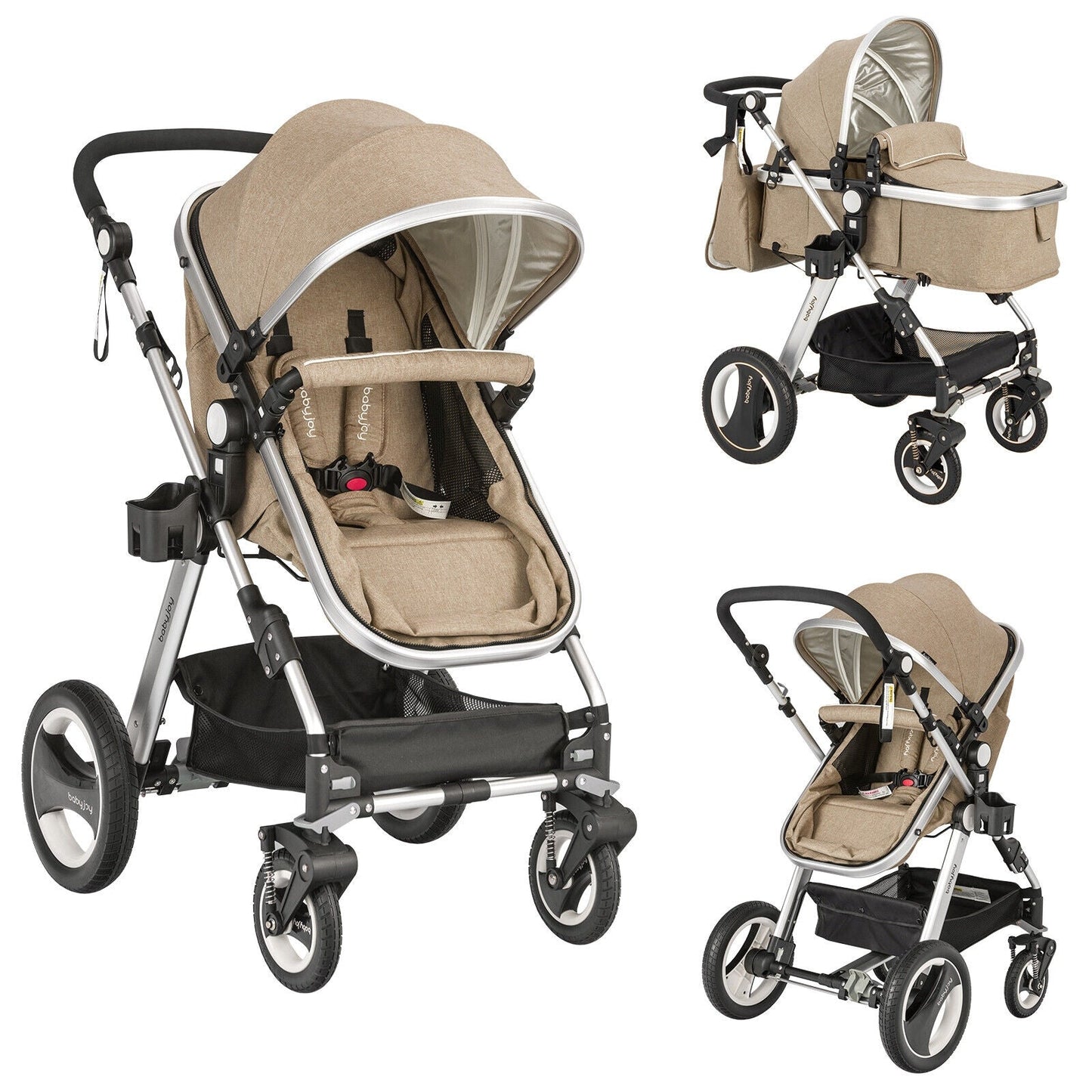 Folding Aluminum Baby Stroller with Diaper Bag - Beige
