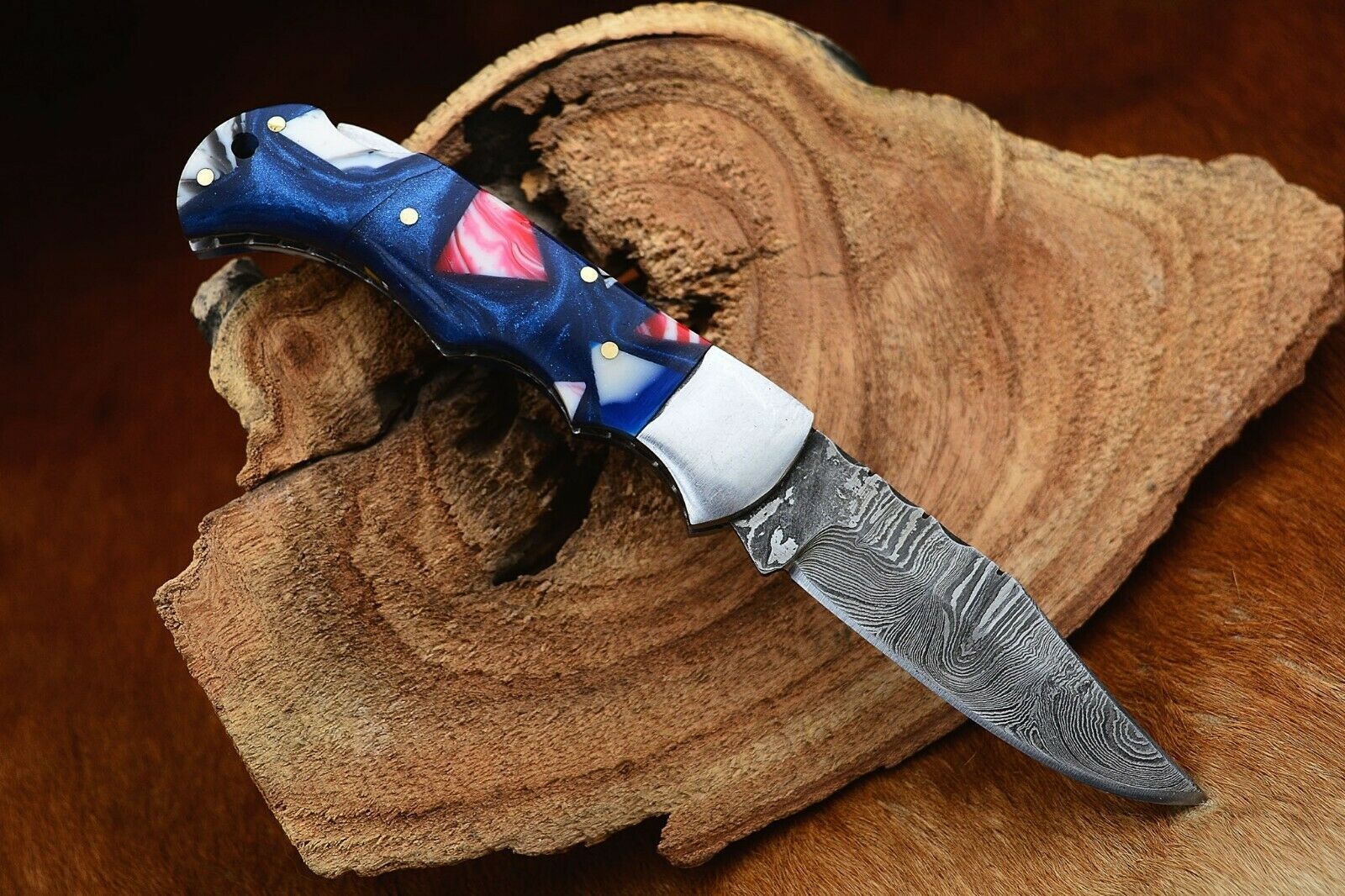 Custom Handmade Damascus Folding Pocket Knife with Stylish Epoxy Resin Handle - 3-Inch Blade - Korvel