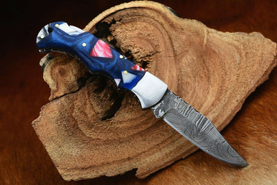 Custom Handmade Damascus Folding Pocket Knife with Stylish Epoxy Resin Handle - 3-Inch Blade - Korvel