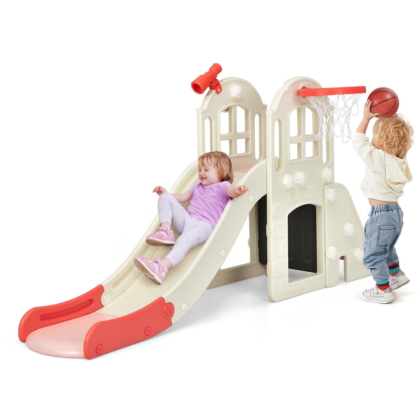 6-In-1 Large Slide Playset with Basketball Hoop - Pink
