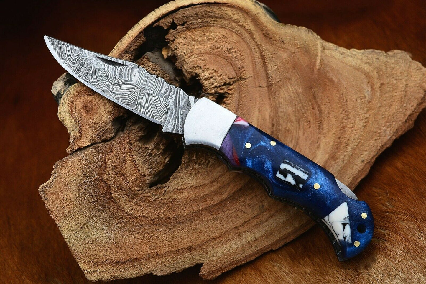 Custom Handmade Damascus Folding Pocket Knife with Stylish Epoxy Resin Handle - 3-Inch Blade - Korvel