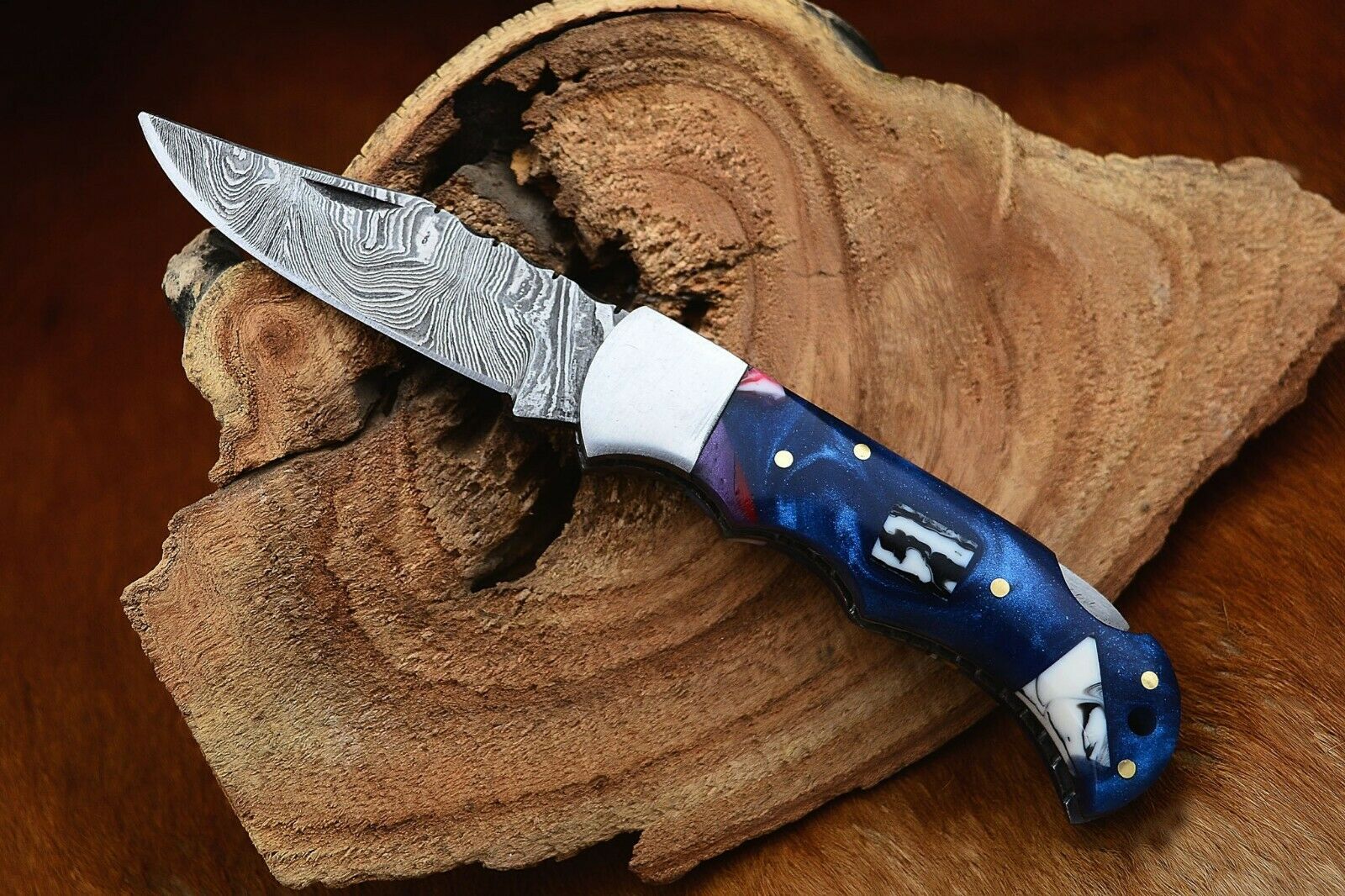 Custom Handmade Damascus Folding Pocket Knife with Stylish Epoxy Resin Handle - 3-Inch Blade - Korvel