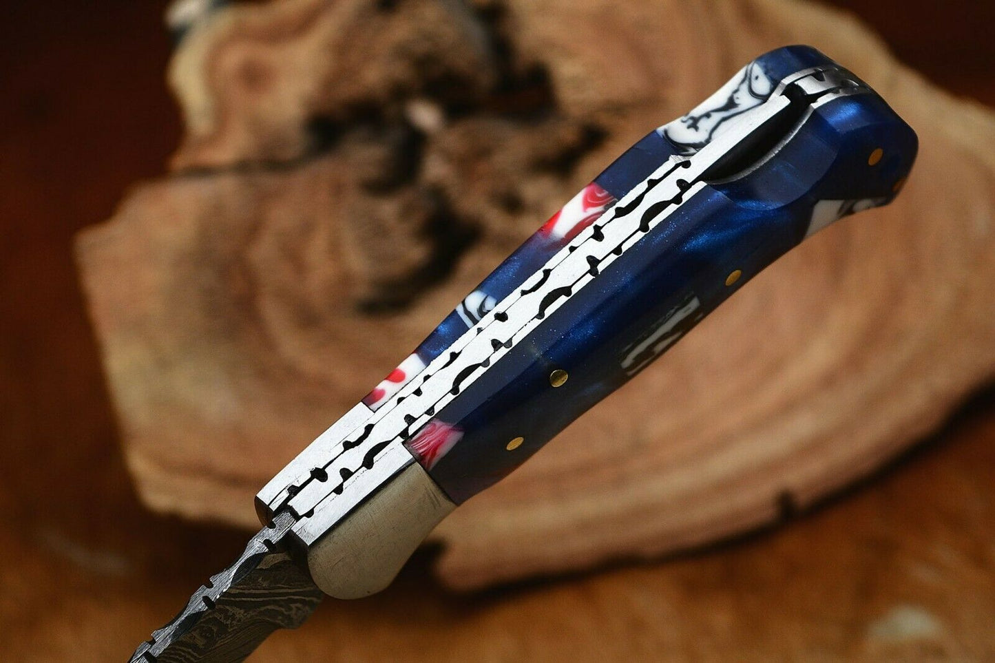 Custom Handmade Damascus Folding Pocket Knife with Stylish Epoxy Resin Handle - 3-Inch Blade - Korvel