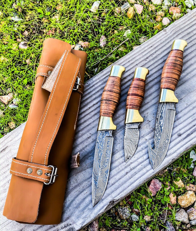 Wilderness Trio: Premium 3-Piece Hunting Knife Set with Damascus Steel Blades and Leather Roll - Korvel