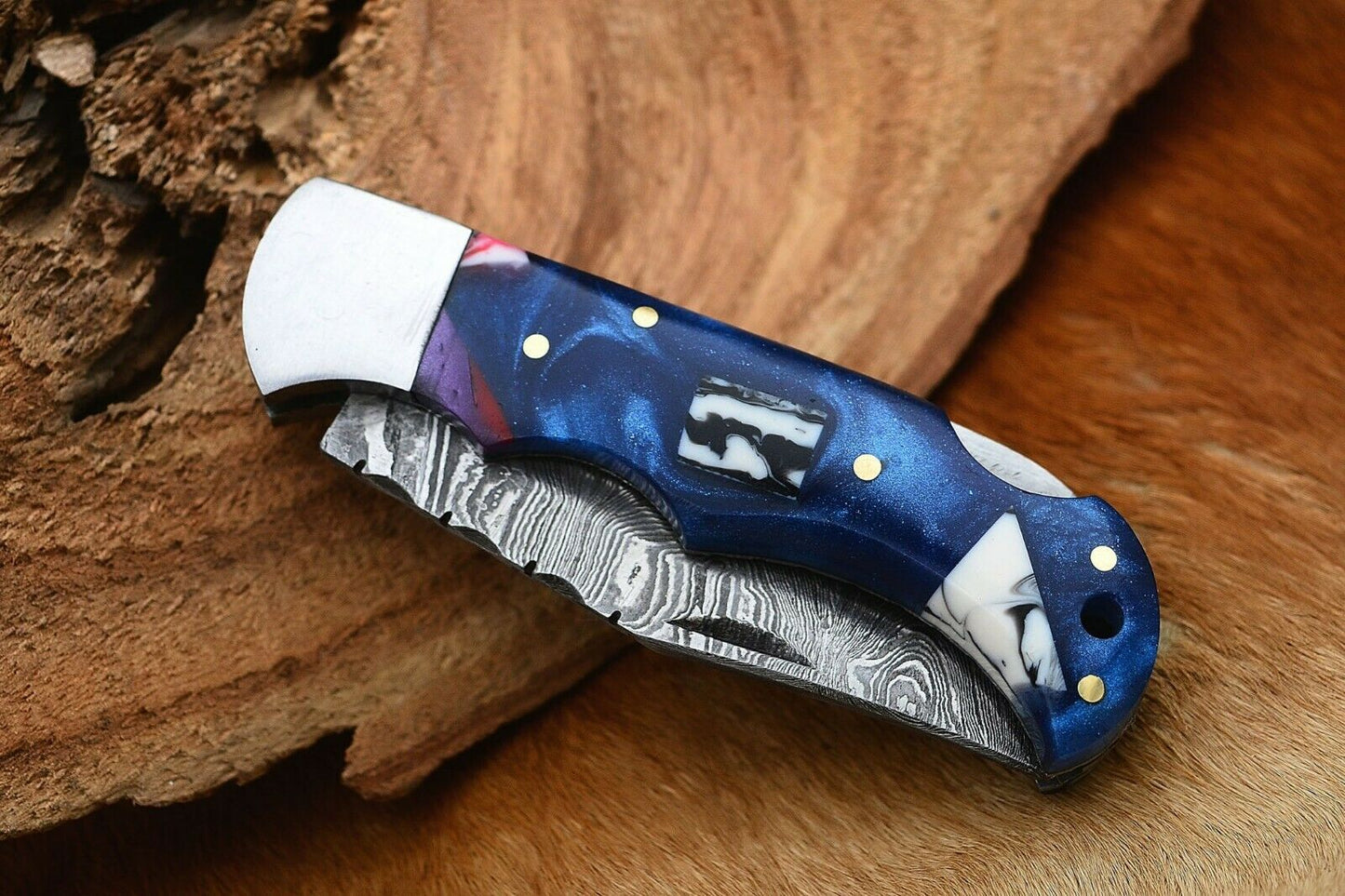 Custom Handmade Damascus Folding Pocket Knife with Stylish Epoxy Resin Handle - 3-Inch Blade - Korvel