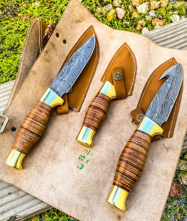 Wilderness Trio: Premium 3-Piece Hunting Knife Set with Damascus Steel Blades and Leather Roll - Korvel