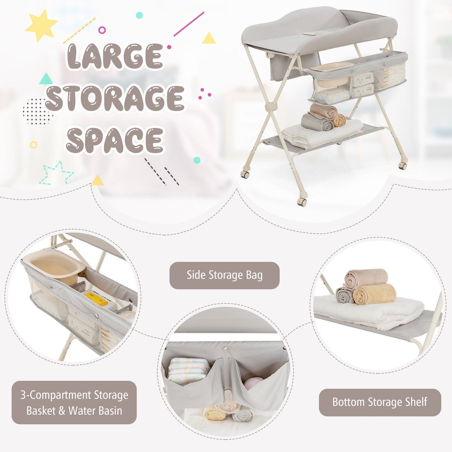 Premium Baby Diaper Changing Table with Water Basin - Gray
