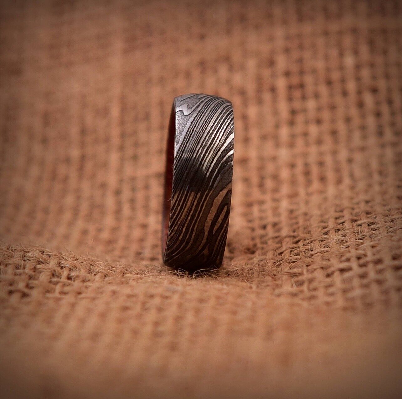 Eternal Connection Damascus Steel Anniversary Ring with Wooden Inlay by KBS Knives Store - Korvel
