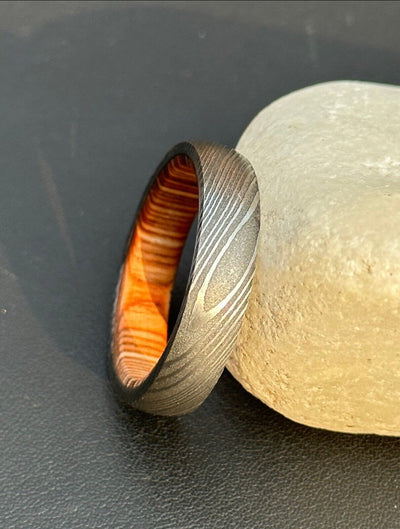 Eternal Bond Damascus Steel Commitment Ring with Wood Inlay by KBS Knives - Korvel