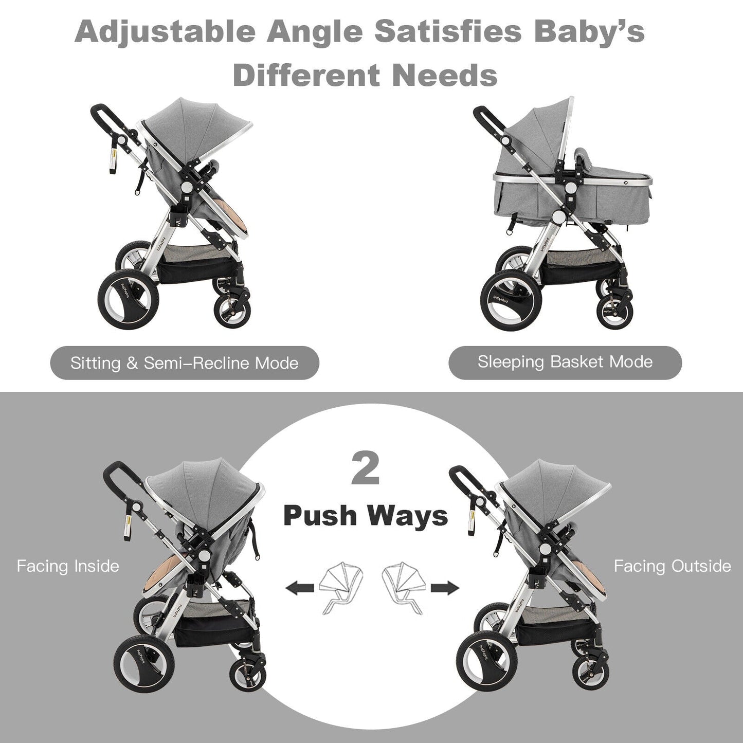 Folding Aluminum Baby Jogger Stroller with Diaper Bag - Gray