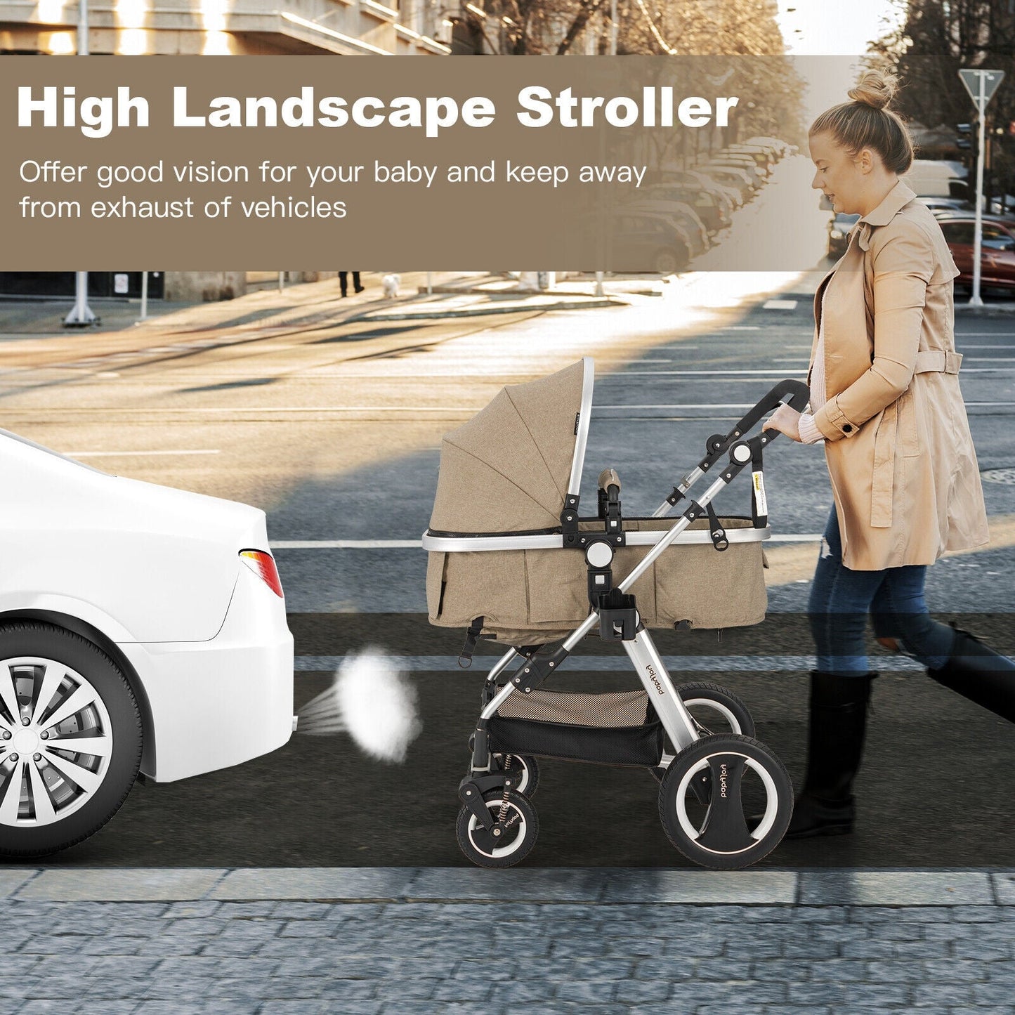 Folding Aluminum Baby Stroller with Diaper Bag - Beige