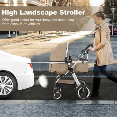 Folding Aluminum Baby Stroller with Diaper Bag - Beige