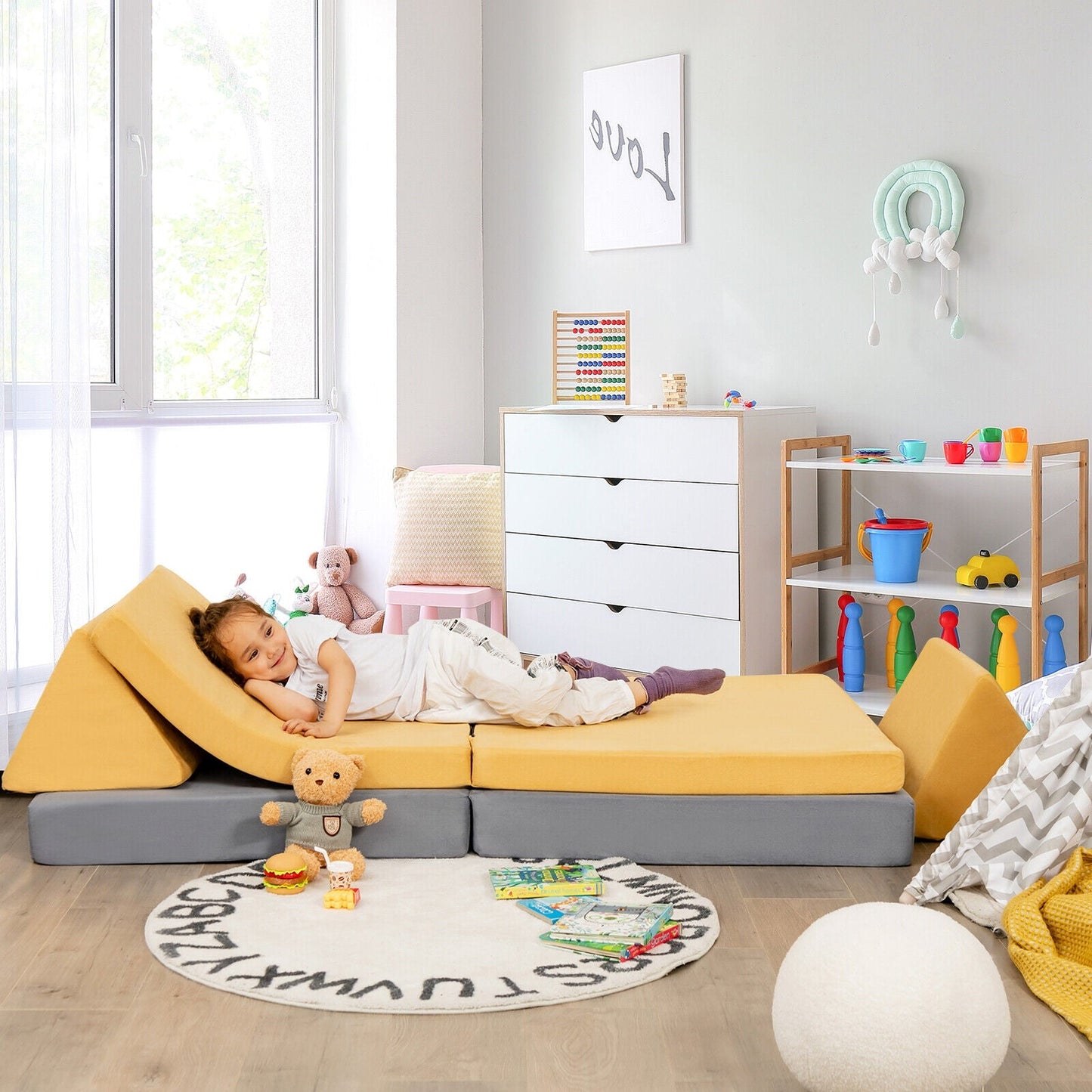 Ensemble de canapé convertible pour enfants en 4 pièces avec tapis pliants - Jaune