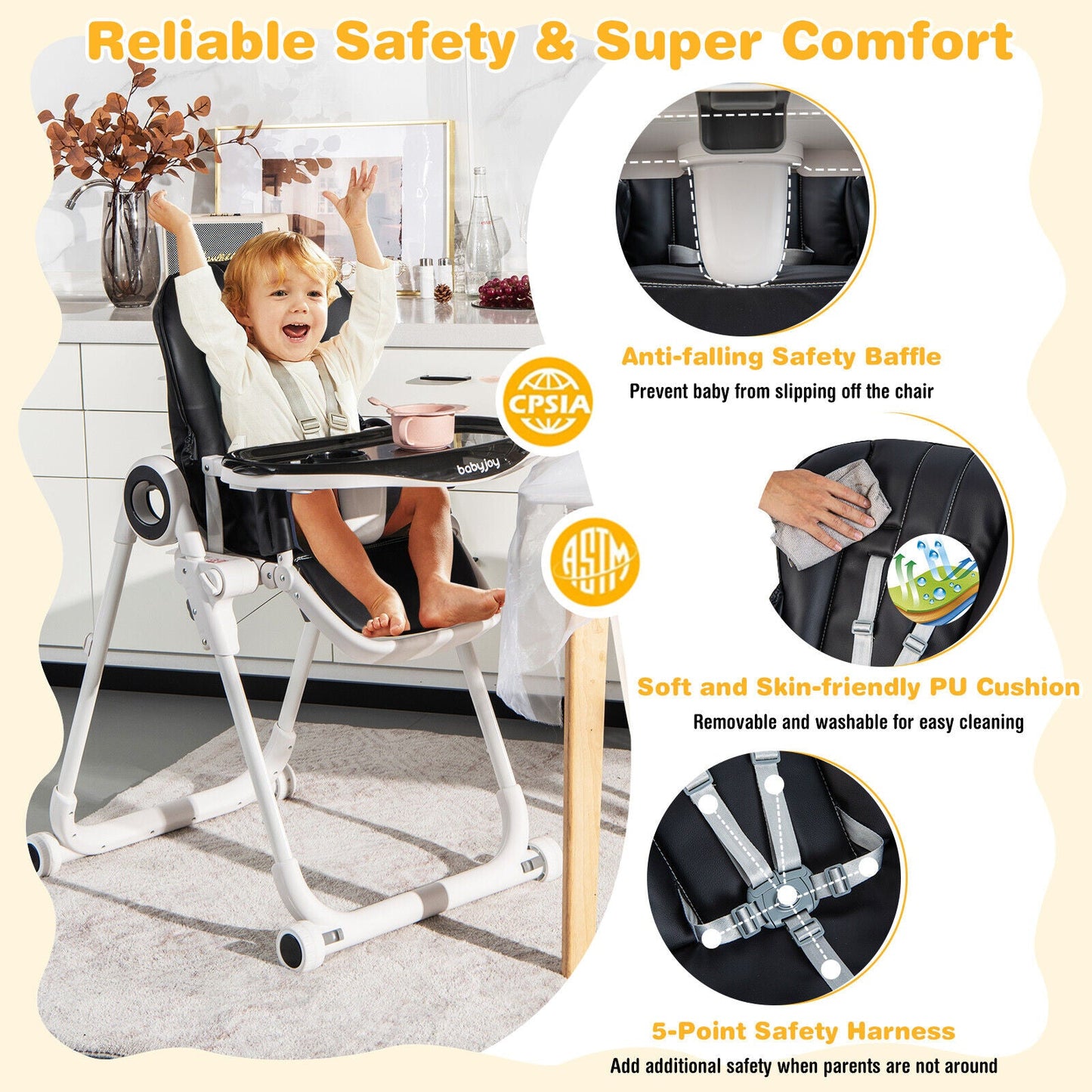Gbruno Foldable Baby High Chair with Lockable Wheels - Black