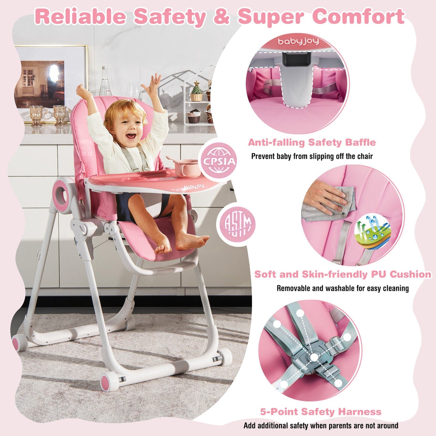 Premium Foldable Baby High Chair with Lockable Wheels - Pink