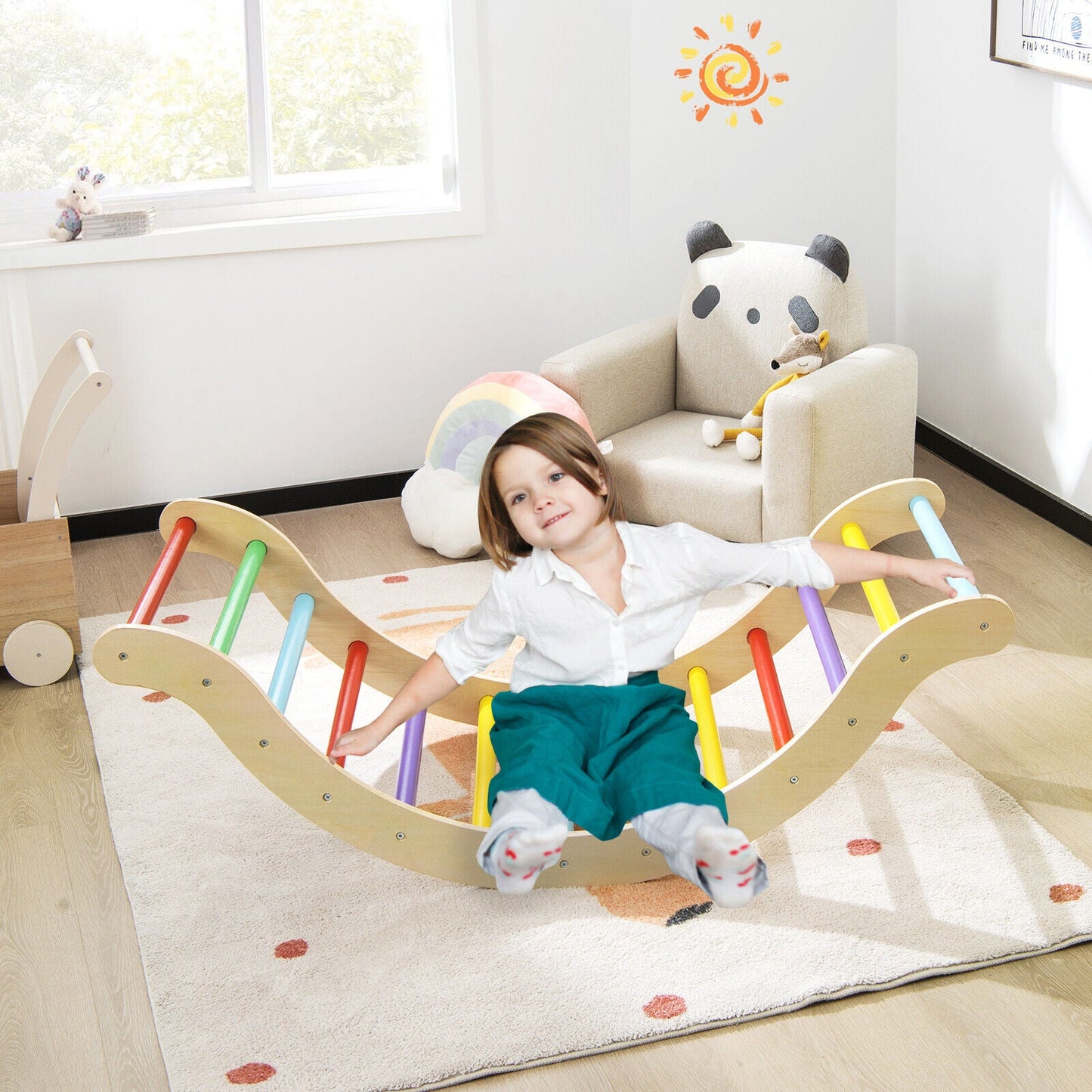 3-in-1 Kids Climber Set - Wooden Arch Triangle Rocker