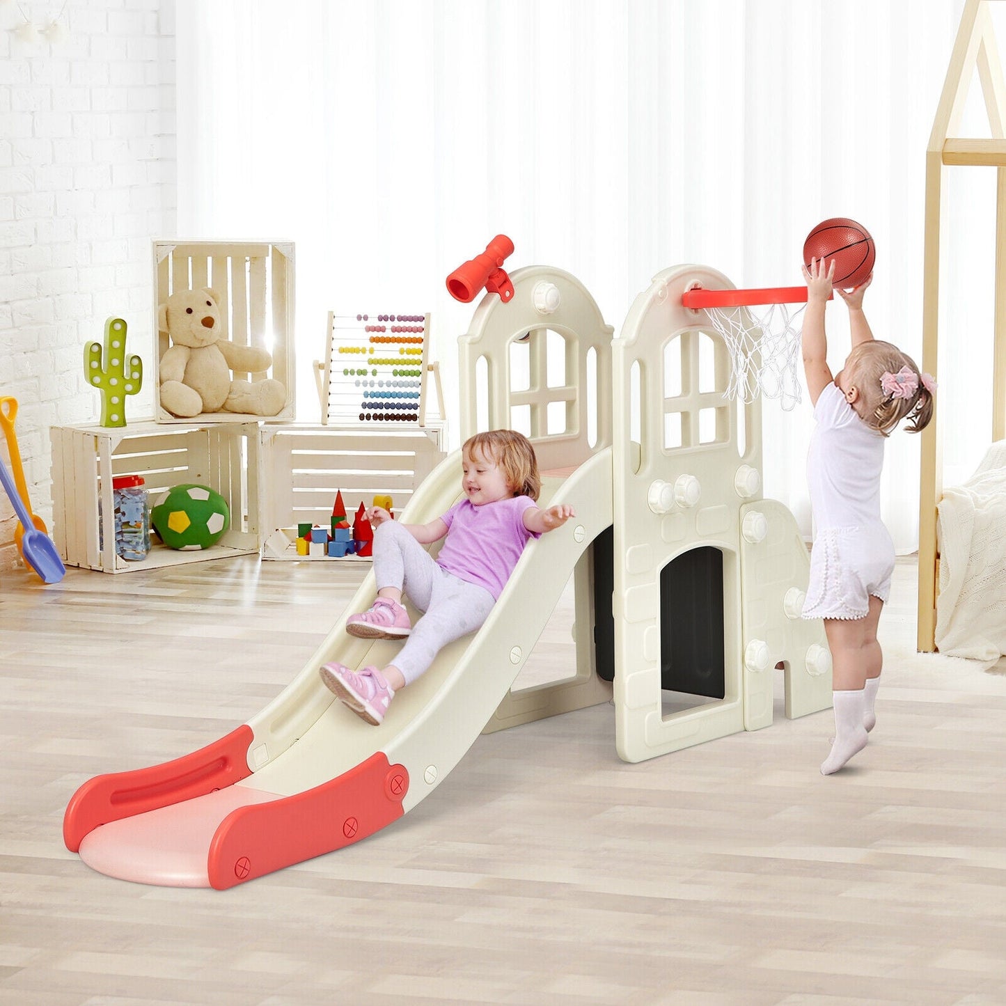 6-In-1 Large Slide Playset with Basketball Hoop - Pink