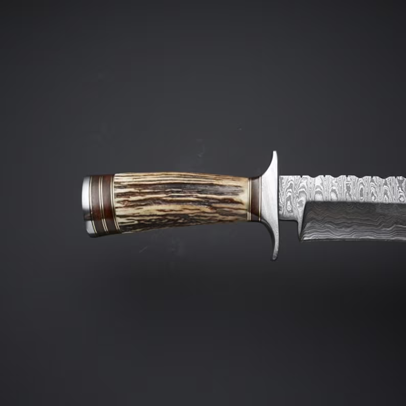 Heritage Hunter: Premium Bowie Knife with Unique Damascus Blade and Antler Handle - Korvel