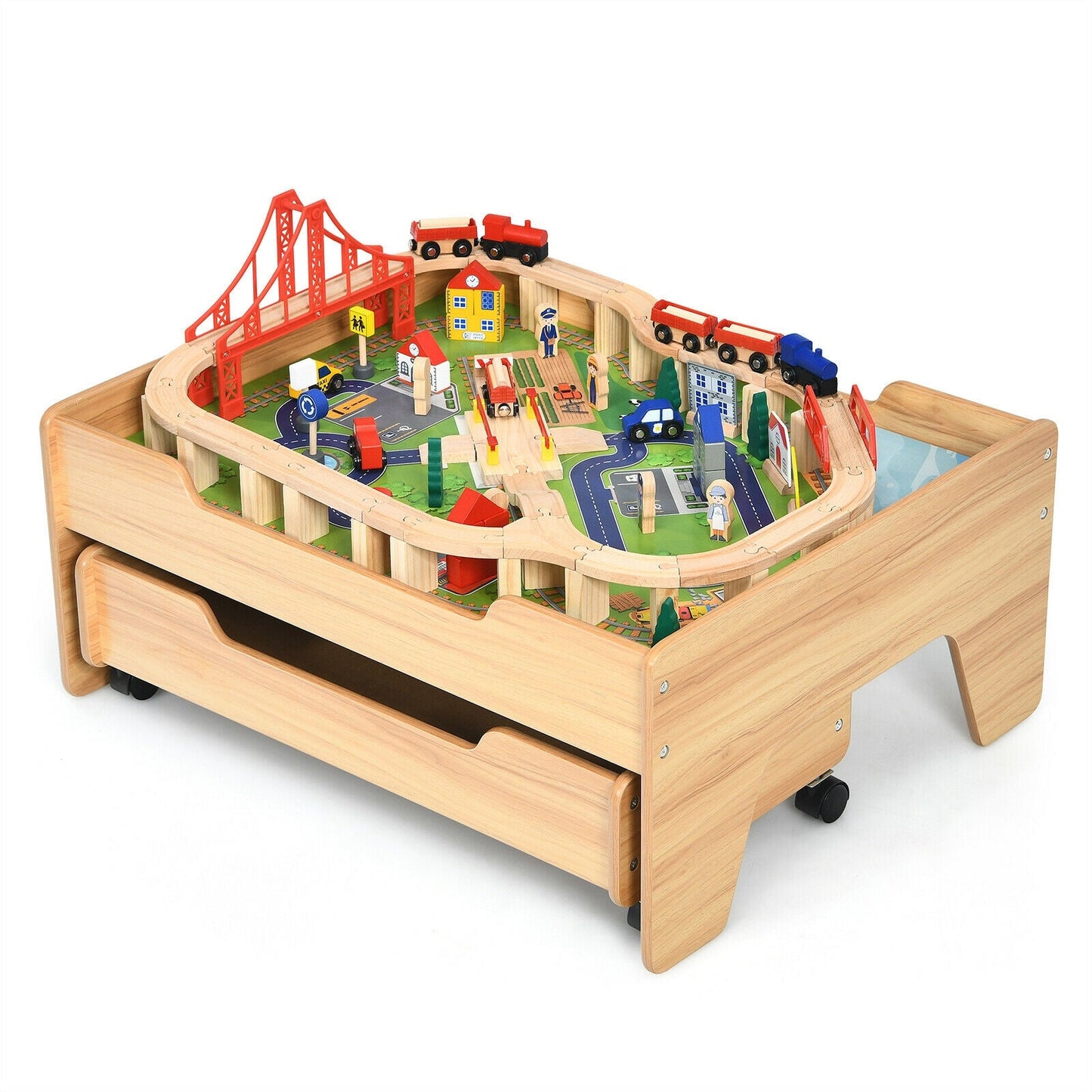 Children's Wooden Railway Set Table with 100 Pieces and Storage