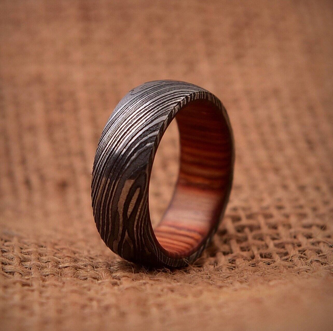 Eternal Connection Damascus Steel Anniversary Ring with Wooden Inlay by KBS Knives Store - Korvel