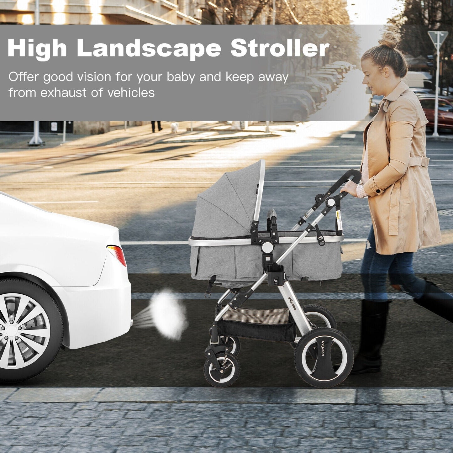 Folding Aluminum Baby Jogger Stroller with Diaper Bag - Gray
