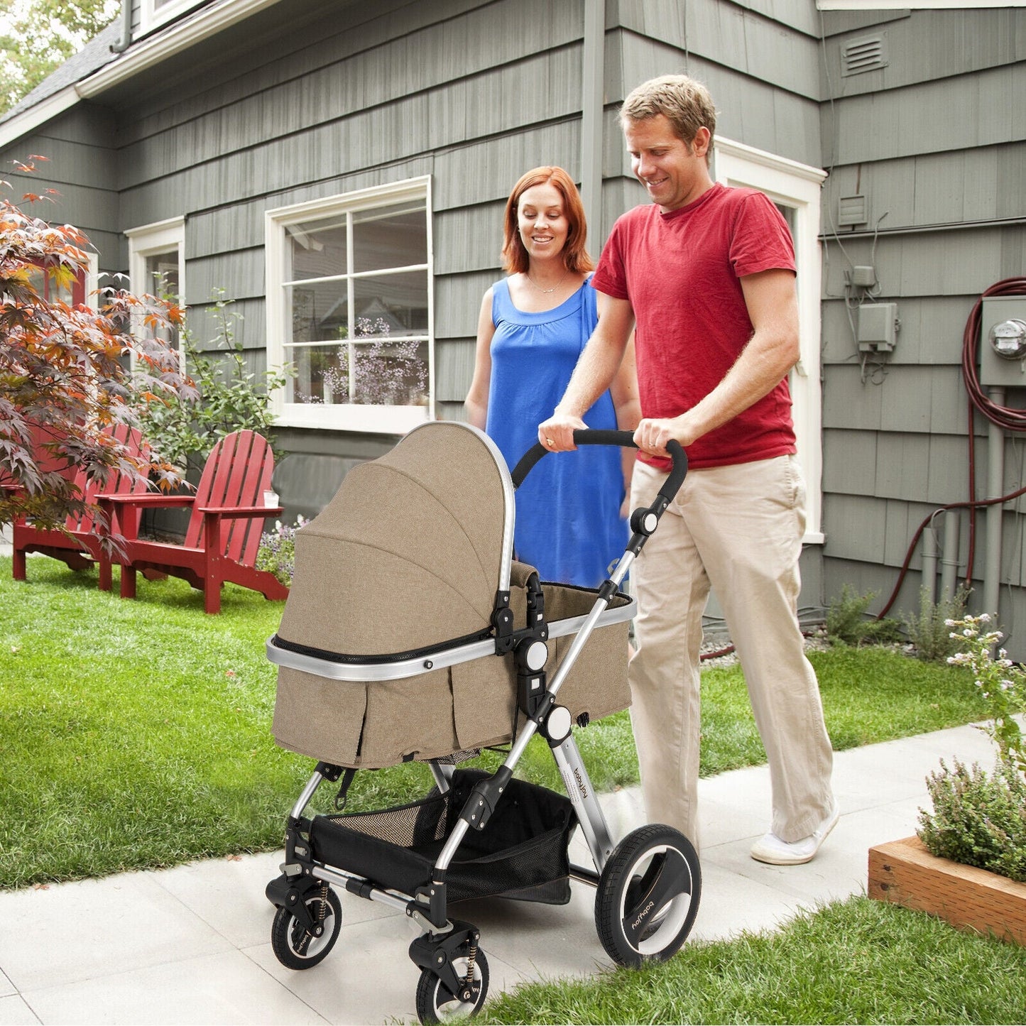 Folding Aluminum Baby Stroller with Diaper Bag - Beige