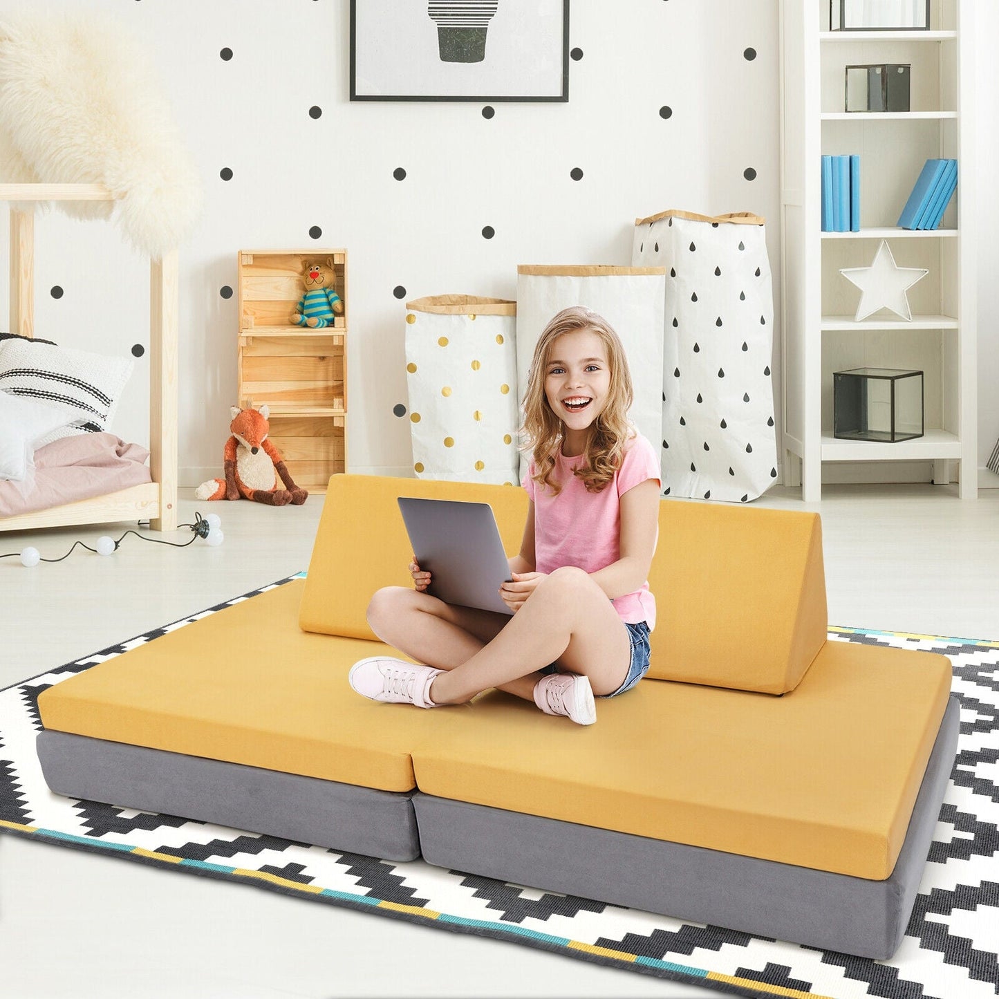 Ensemble de canapé convertible pour enfants en 4 pièces avec tapis pliants - Jaune