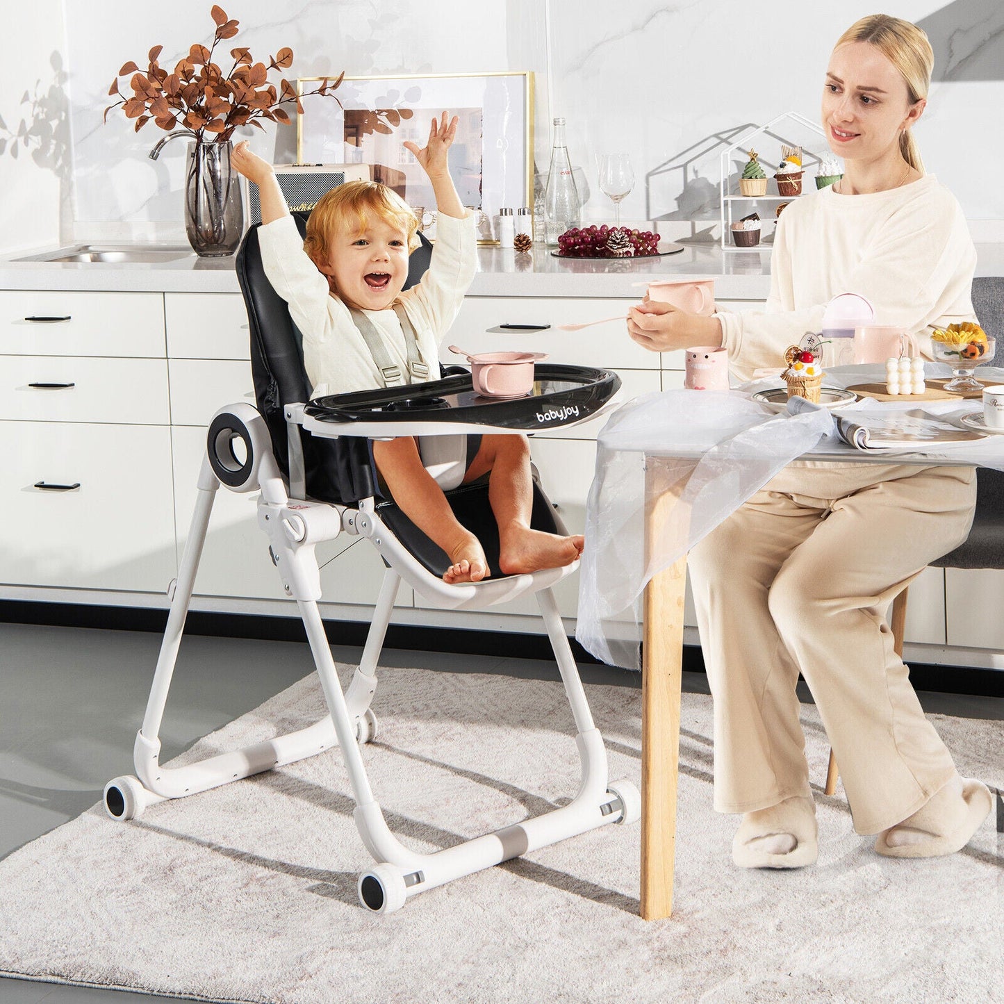 Gbruno Foldable Baby High Chair with Lockable Wheels - Black