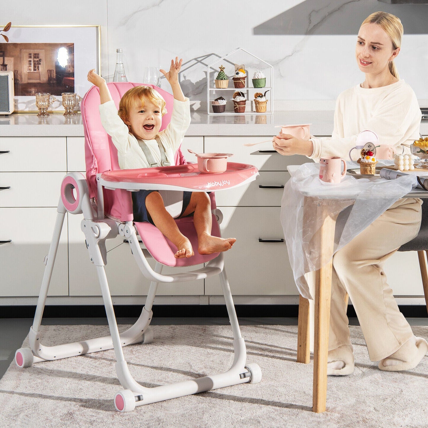 Premium Foldable Baby High Chair with Lockable Wheels - Pink