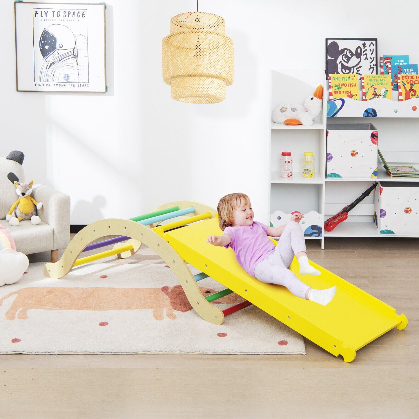 3-in-1 Kids Climber Set - Wooden Arch Triangle Rocker